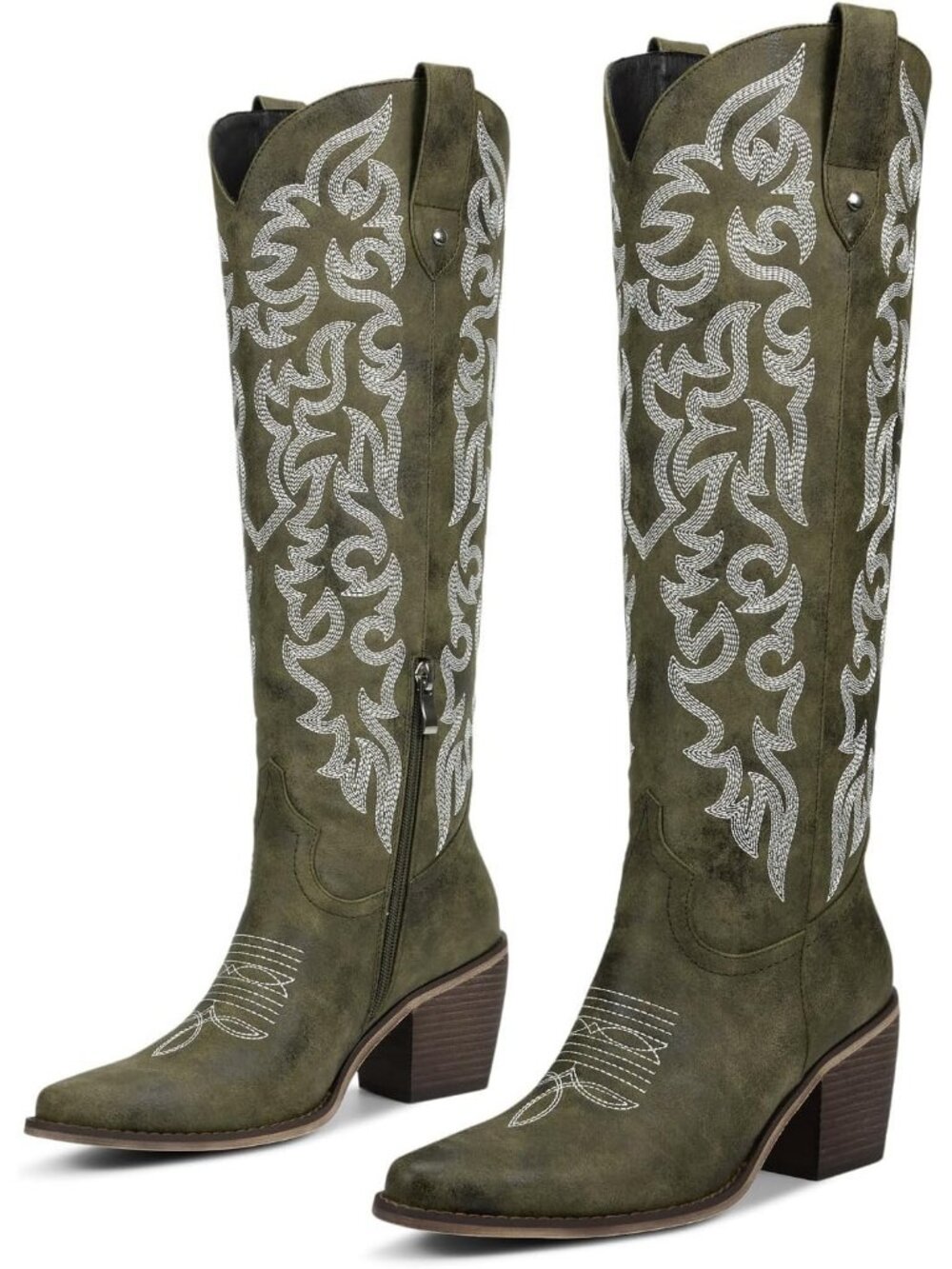 Women's Army Green Knee High Western Cowboy Boots with Embroidered Pointed Toe